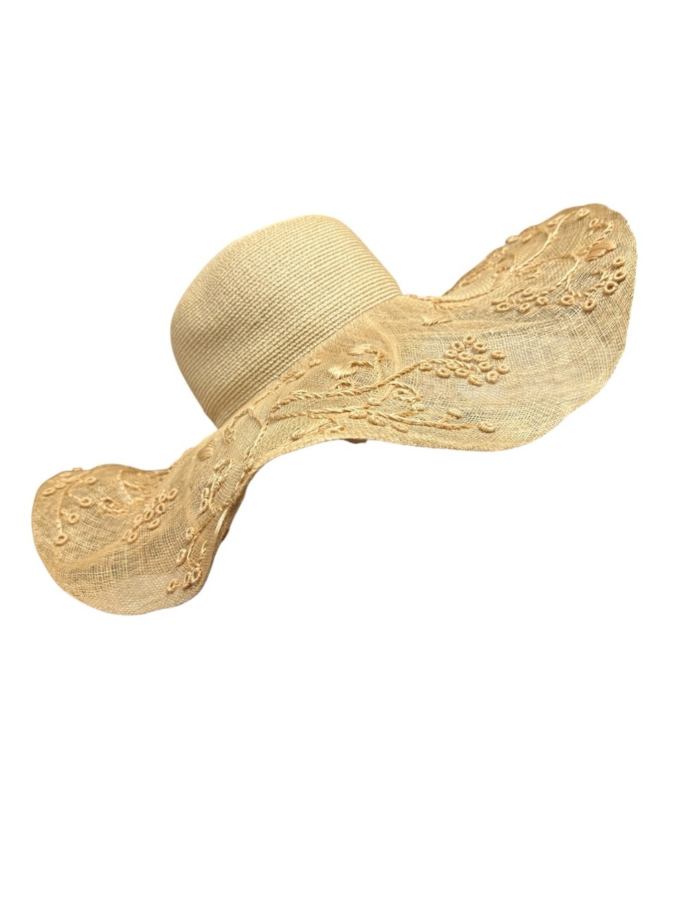 Eric Javits GUAPA Lace-Trim Wide Brim Embroidered Straw Sun Hat - Cream 21” - Picture 2 of 10